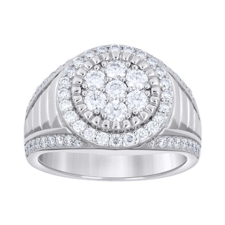 The Moissanite Round Head Fashion Ring is crafted in sterling silver, showcasing a large round moissanite cluster center, a halo of sparkling stones, and extra gems set along the band.
