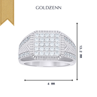 The GOLDZENN Square Head Fashion Moissanite Ring features a square cluster of round moissanites, smaller gems along the sides, and geometric engravings. It measures 13.2 mm tall by 4 mm wide.