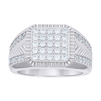 The Square Head Fashion Moissanite Ring features a square cluster of sparkling moissanite stones on top, with additional stones set in rows along the sides and intricate geometric detailing for a stylish look.