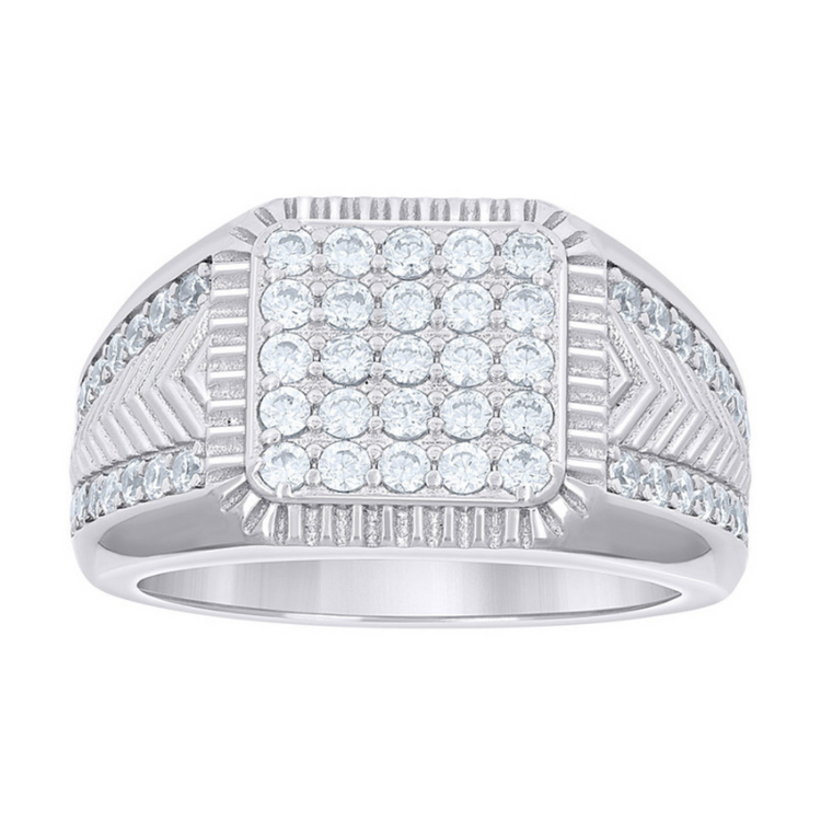 The Square Head Fashion Moissanite Ring features a square cluster of sparkling moissanite stones on top, with additional stones set in rows along the sides and intricate geometric detailing for a stylish look.