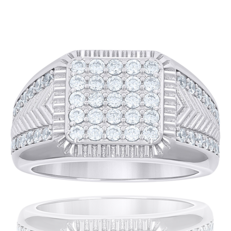 The Square Head Fashion Moissanite Ring features a central square cluster of round moissanites, additional stones on the band, geometric side patterns, and a polished sterling silver finish for elegant shine.