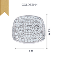 The Baguette Moissanite CEO Square Head Fashion Ring by GOLDZENN is pictured against a white background. The sterling silver ring measures 13.2 mm tall and 4 mm wide, featuring multiple small round moissanites.