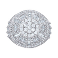 The Mens Round Baguette Moissanite Round Cluster Fashion Ring features multiple rows of round and baguette-cut stones in an intricate, symmetrical cluster design set in a white gold or platinum setting.