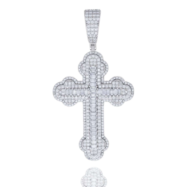 The 925 Silver Baguette Moissanite Cross Charm Pendant features multiple rows of sparkling moissanites and baguette-cut stones with scalloped edges and a moissanite-studded bail, shown on a white background.