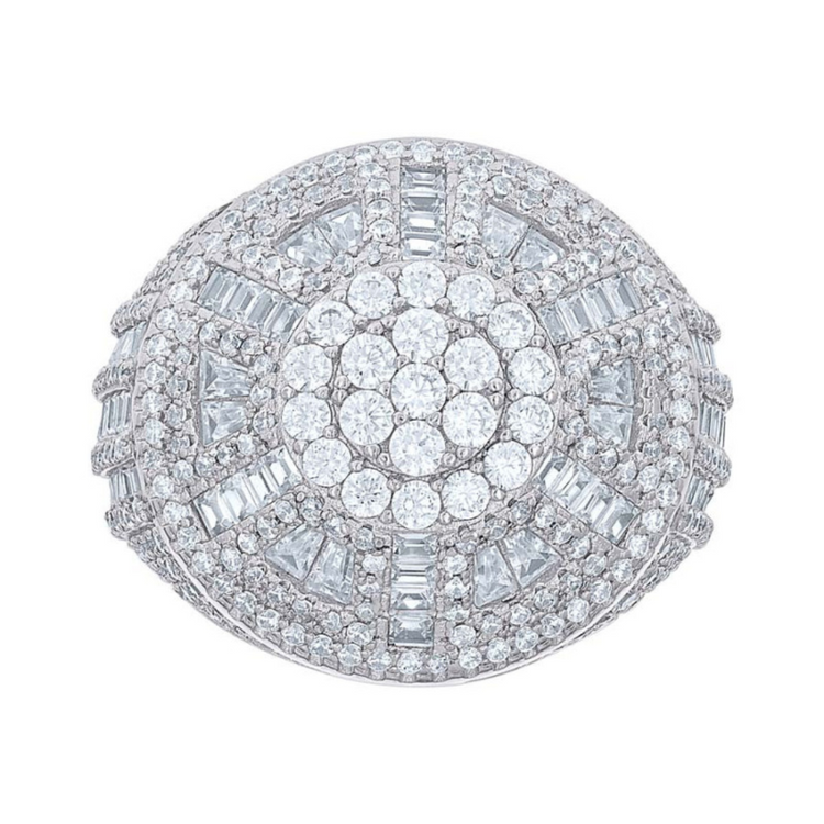 The Mens Round Baguette Moissanite Round Cluster Fashion Ring features multiple rows of round and baguette-cut stones in an intricate, symmetrical cluster design set in a white gold or platinum setting.