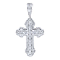 The 925 Silver Baguette Moissanite Cross Charm Pendant features a large sterling silver cross set with sparkling moissanite and baguette stones, detailed scalloped edges, and a diamond-studded bail for attaching to your chain.
