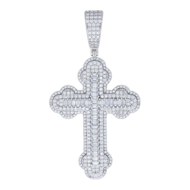 The 925 Silver Baguette Moissanite Cross Charm Pendant features a large sterling silver cross set with sparkling moissanite and baguette stones, detailed scalloped edges, and a diamond-studded bail for attaching to your chain.