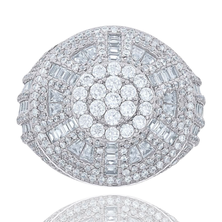 The Mens Round Baguette Moissanite Round Cluster Fashion Ring showcases a brilliant cluster of silver moissanite stones set against a white background, offering a bold and refined statement for men's fashion.