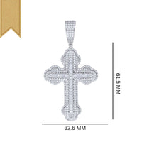 The 925 Silver Baguette Moissanite Cross Charm Pendant, featuring ornate details and baguette-cut stones (61.5 mm x 32.6 mm), is displayed on a white background with a gold ribbon in the top left corner.