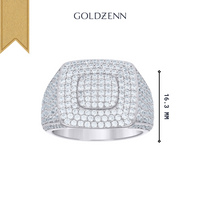 The Moissanite Square Head Fashion Ring features a wide silver band with multiple rows of sparkling white stones, displayed with the GOLDZENN logo above and a 16.3 mm vertical measurement—perfect for a bold, modern look.