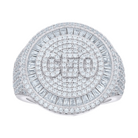 The Baguette Moissanite CEO Round Head Fashion Ring features sparkling moissanite stones, a bold "CEO" centerpiece outlined in dazzling gems, and elegant baguette-cut accents for a striking, fashionable look.