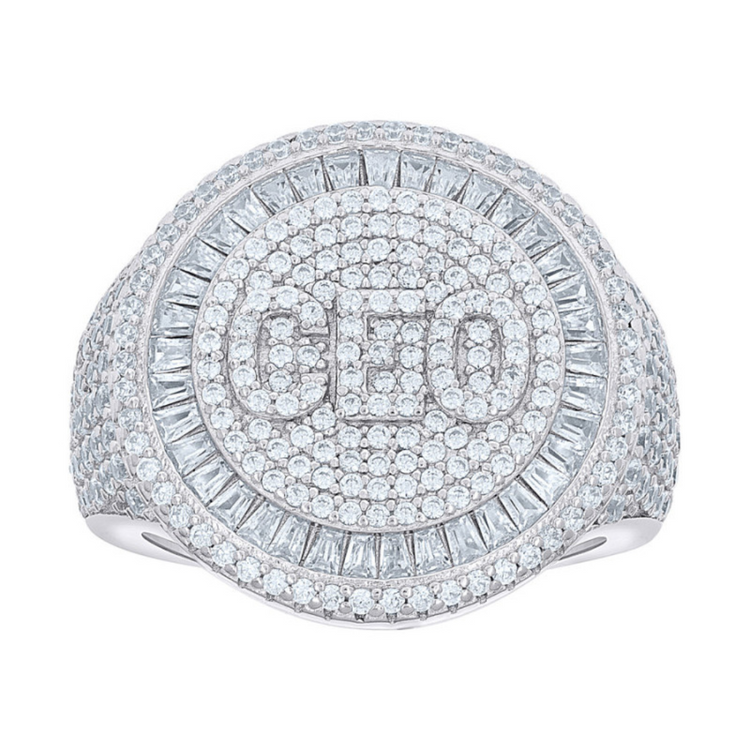 The Baguette Moissanite CEO Round Head Fashion Ring features sparkling moissanite stones, a bold "CEO" centerpiece outlined in dazzling gems, and elegant baguette-cut accents for a striking, fashionable look.