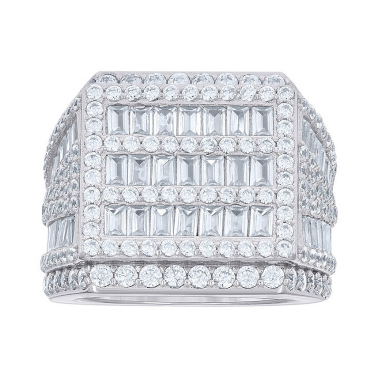 The Baguette Moissanite Square Head Fashion Ring features a wide silver band adorned with rows of round and baguette-cut clear moissanite gems, creating a bold geometric grid pattern reminiscent of a designer statement piece.