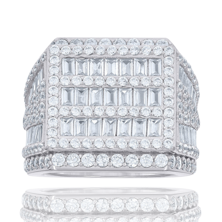 The Baguette Moissanite Square Head Fashion Ring features a bold silver design with multiple rows of round and baguette-cut moissanites, arranged in a geometric, layered pattern for dazzling sparkle and a high-polished finish.