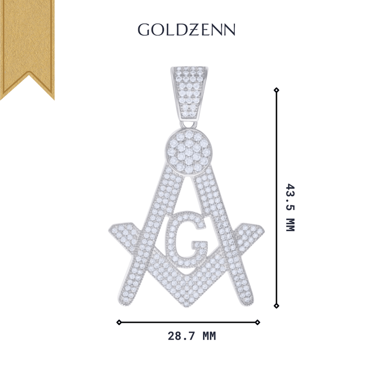 The Moissanite Masonic Religious Charm Pendant features a G at its center, crafted in sterling silver (43.5mm x 28.7mm), with GOLDZENN atop and a decorative gold ribbon on the upper left corner.