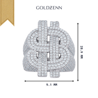 Close-up image of a Silver Moissanite Dollar Sign Ring, made from 925 Sterling Silver and set with moissanite stones, measuring 28.9 mm tall by 9.1 mm wide, with GOLDZENN above on a white background.