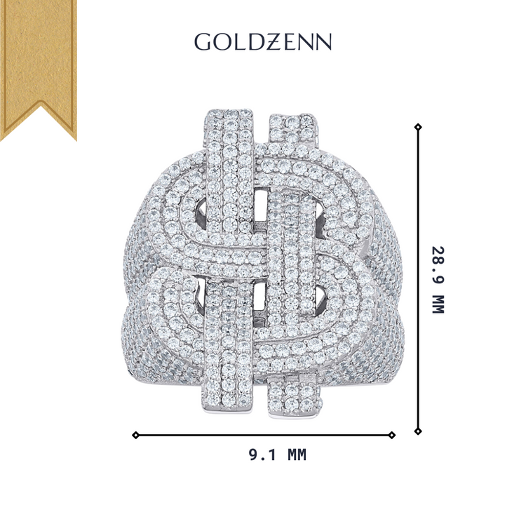 Close-up image of a Silver Moissanite Dollar Sign Ring, made from 925 Sterling Silver and set with moissanite stones, measuring 28.9 mm tall by 9.1 mm wide, with GOLDZENN above on a white background.