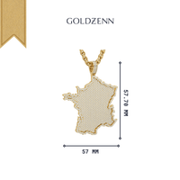 14k Gold France Flag Pendant with lab diamonds, 57 mm wide x 57.7 mm tall, shown on a gold chain. "GOLDZENN" is displayed above the pendant against a white background.