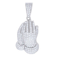 A pendant shaped like praying hands, encrusted with sparkling moissanite stones and set in shiny 925 silver—perfect as the 925 Silver Moissanite Praying Hands Charm from GOLDZENN Jewelry.
