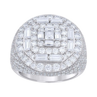 The Silver Moissanite Baguette Round Ring features sterling silver and a bold domed design with concentric rows of round and baguette clear stones for a sparkling, ornate look.