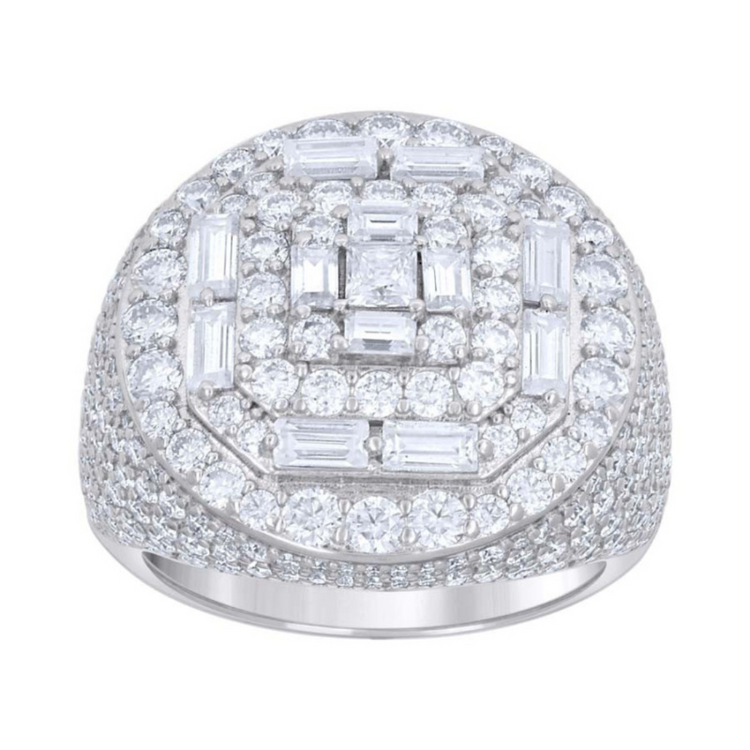 The Silver Moissanite Baguette Round Ring features sterling silver and a bold domed design with concentric rows of round and baguette clear stones for a sparkling, ornate look.