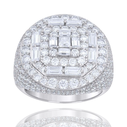 The Silver Moissanite Baguette Round Ring features a geometric, layered dome with rows of round and rectangular-cut stones, creating modern elegance and displayed against a white background.