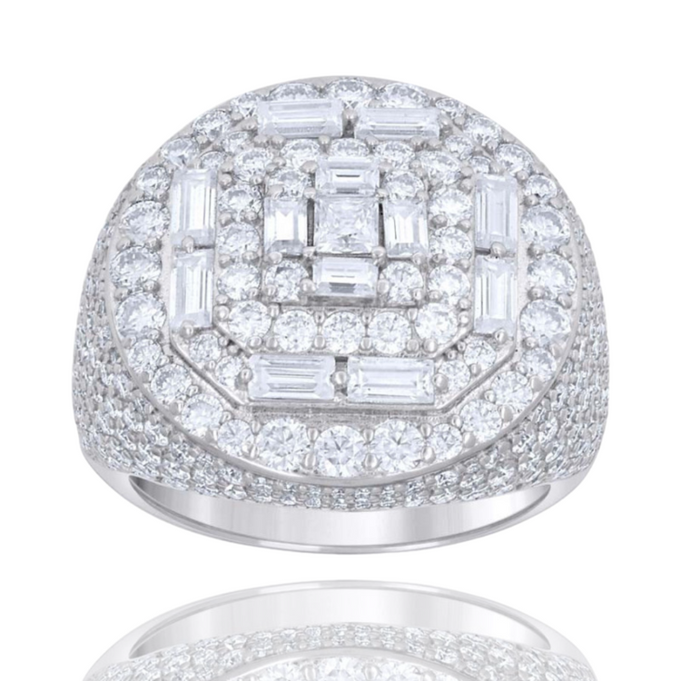 The Silver Moissanite Baguette Round Ring features a geometric, layered dome with rows of round and rectangular-cut stones, creating modern elegance and displayed against a white background.
