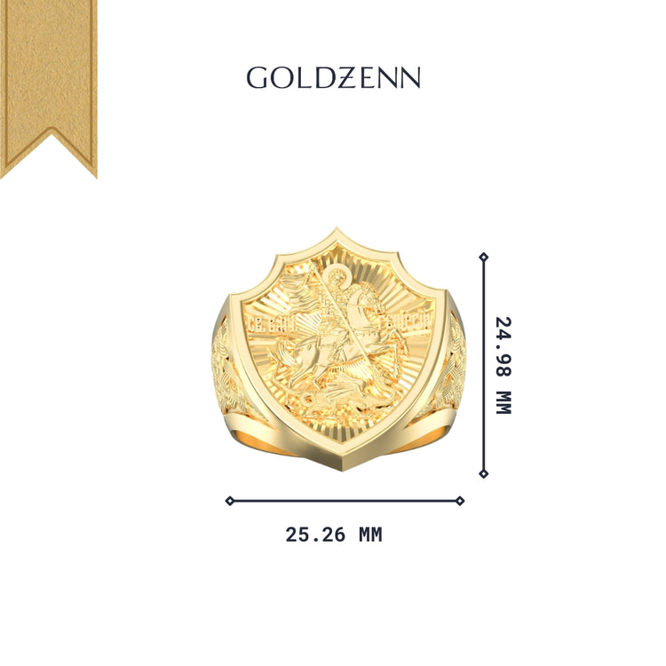 The George the Victorious Men Ring – 14k Gold features a shield-shaped, engraved top measuring 24.98 mm tall by 25.26 mm wide, displayed on a white background with GOLDZENN above.