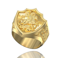 The George the Victorious Men Ring – 14k Gold features a polished shield-shaped face engraved with Saint George slaying a dragon and detailed side patterns, making it a striking piece of men's gold jewelry.