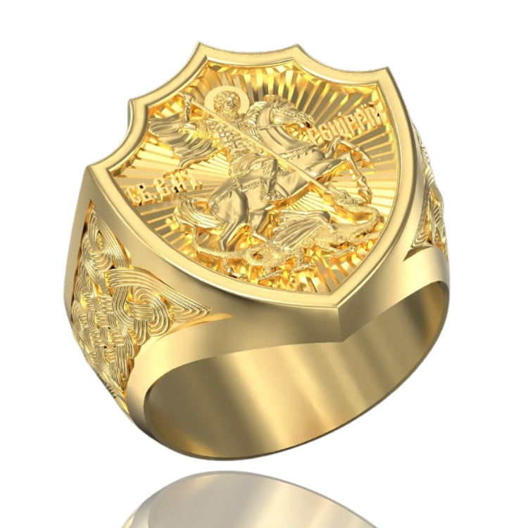 The George the Victorious Men Ring – 14k Gold features an ornate shield face with St. George slaying the dragon, Cyrillic script, and intricate side patterns—a standout piece for men's gold jewelry collections.