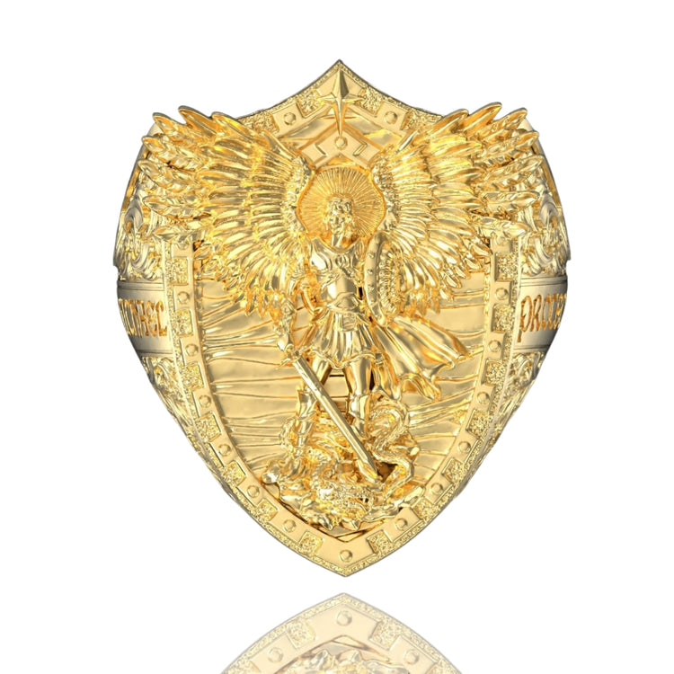 A gold ring named "Gold Archangel Michael Ring with Dragon" features a detailed winged angel holding a sword, rays and ornate designs, and the word PROTECT inscribed on each side. Inspired by Archangel Michael, it also includes a dragon motif.