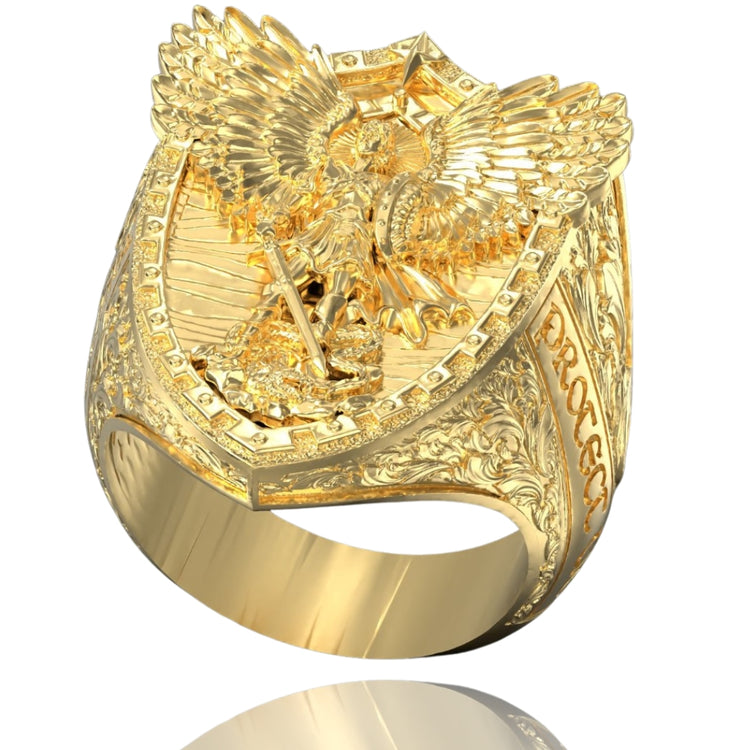 The Gold Archangel Michael Ring with Dragon features a detailed eagle engraving, ornate patterns, and the word PROTECT—an inspiring men's gold ring reminiscent of the legendary archangel’s power.