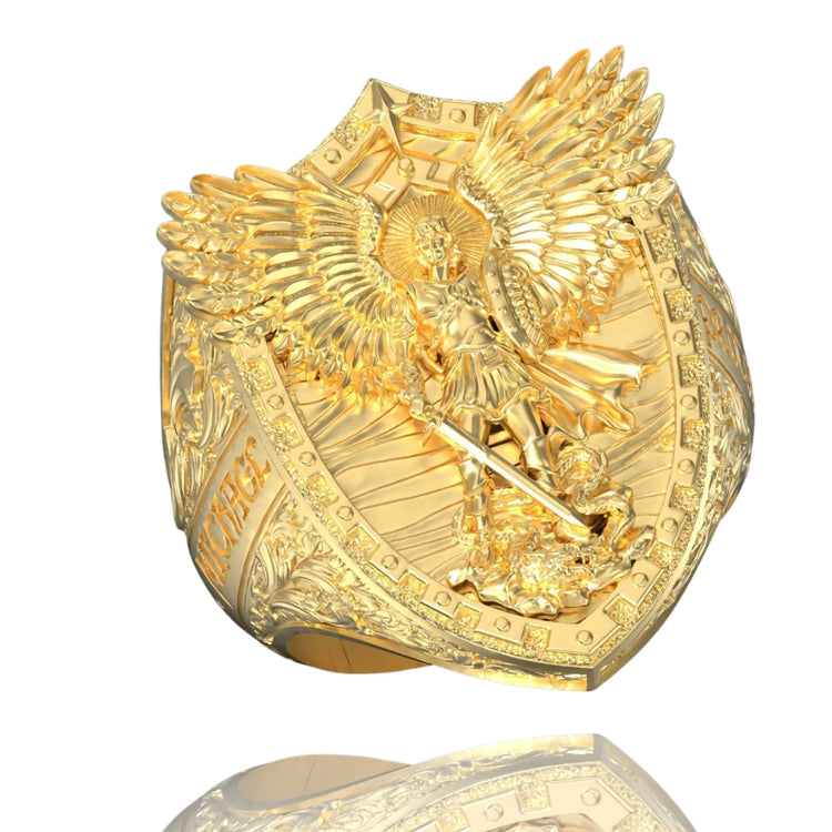 A detailed men's gold ring featuring Archangel Michael with a sword and a dragon, ornate patterns, and COURAGE engraved on the side—an inspiring Gold Archangel Michael Ring with Dragon.