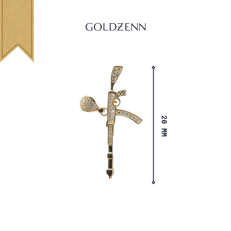 A 14k yellow gold AK-47 Firearm Pendant with CZ stones, 20 mm tall, is shown on a white background with the GOLDZENN brand name above.