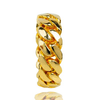 The 8mm Miami Cuban Link Ring in solid gold features a chunky, interwoven chain-link design, shown upright on a white background with its polished surface reflecting light—a bold statement ring for men.