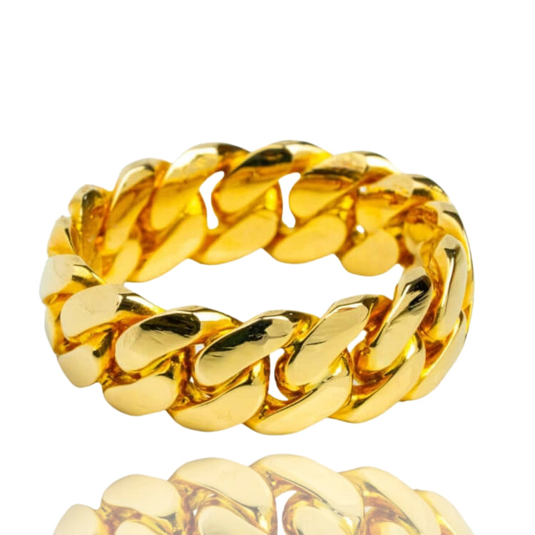 The 8mm Miami Cuban Link Ring in solid gold features a chunky, interlocking chain-link design and is displayed on a white background.