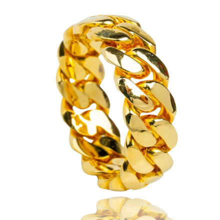 The 8mm Miami Cuban Link Ring in solid gold is showcased on a white background—an eye-catching, bold accessory for men who appreciate timeless elegance.