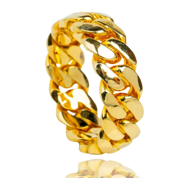 The 8mm Miami Cuban Link Ring in solid gold is showcased on a white background—an eye-catching, bold accessory for men who appreciate timeless elegance.