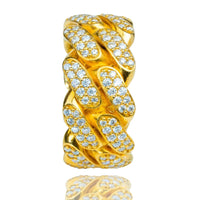 The 14k - 10mm - Iced Cuban Link Ring in Solid Gold features a braided Cuban link design, fully encrusted with sparkling diamonds, and is displayed upright against a white background.