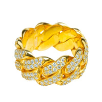 The 14k - 10mm Iced Cuban Link Ring in Solid Gold features a classic iced out design with dazzling diamonds, perfect for making a bold statement.