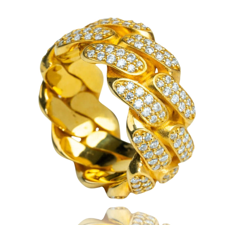 The 14k - 10mm - Iced Cuban Link Ring in Solid Gold showcases a chunky braided Cuban link design adorned with rows of sparkling white gemstones, set on the top surface and presented against a white background.