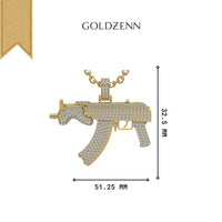 The Diamond Mini Draco Gun Pendant - 14k is a men's gold pendant encrusted with diamonds, measuring 32.5mm x 51.25mm, and shown on a chain beneath the GOLDZENN brand name against a white background.
