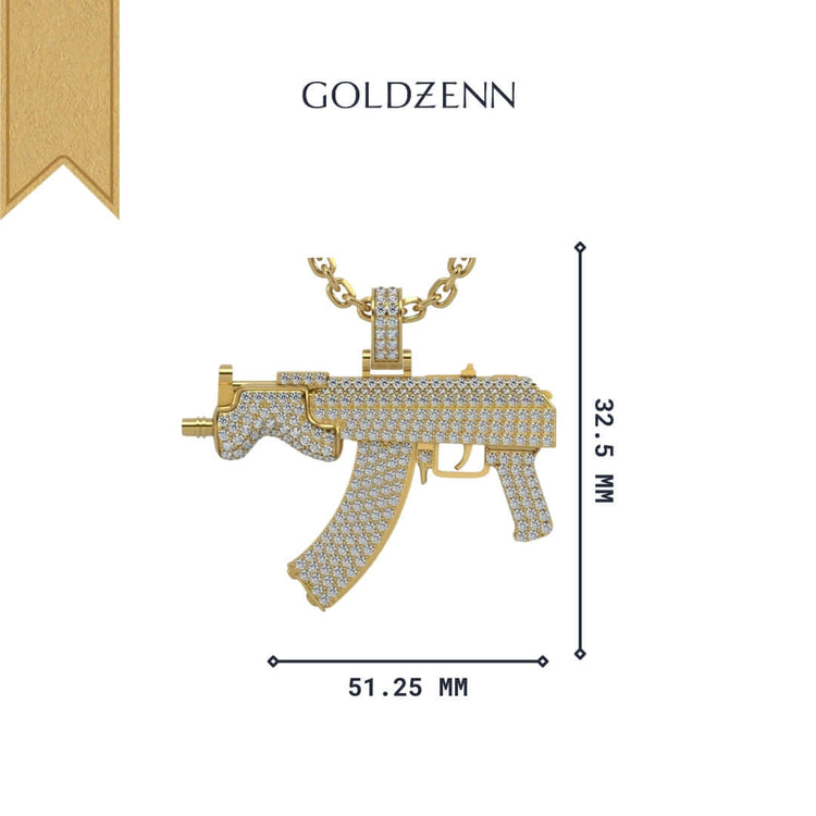 The Diamond Mini Draco Gun Pendant - 14k is a men's gold pendant encrusted with diamonds, measuring 32.5mm x 51.25mm, and shown on a chain beneath the GOLDZENN brand name against a white background.