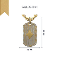 The Diamond Card Symbols Dog Tag - 14k by GOLDZENN features a 32mm x 18mm rectangular dog tag pendant in 14K gold, diamond-studded with a central diamond-shaped accent. Brand name displayed above.