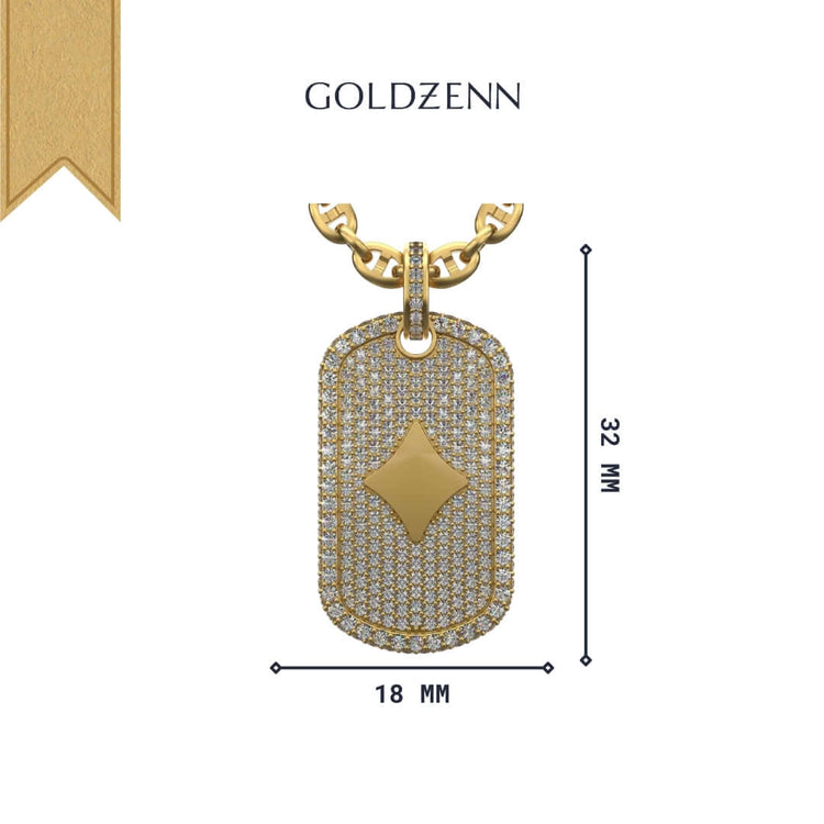 The Diamond Card Symbols Dog Tag - 14k by GOLDZENN features a 32mm x 18mm rectangular dog tag pendant in 14K gold, diamond-studded with a central diamond-shaped accent. Brand name displayed above.