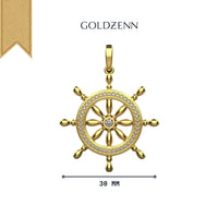 A Nautical Ship Wheel Pendant - 14k, measuring 30mm with gold and diamond accents, is shown on a white background with the GOLZENN brand above it. A tan ribbon decorates the top left corner, highlighting this perfect piece of nautical jewelry.
