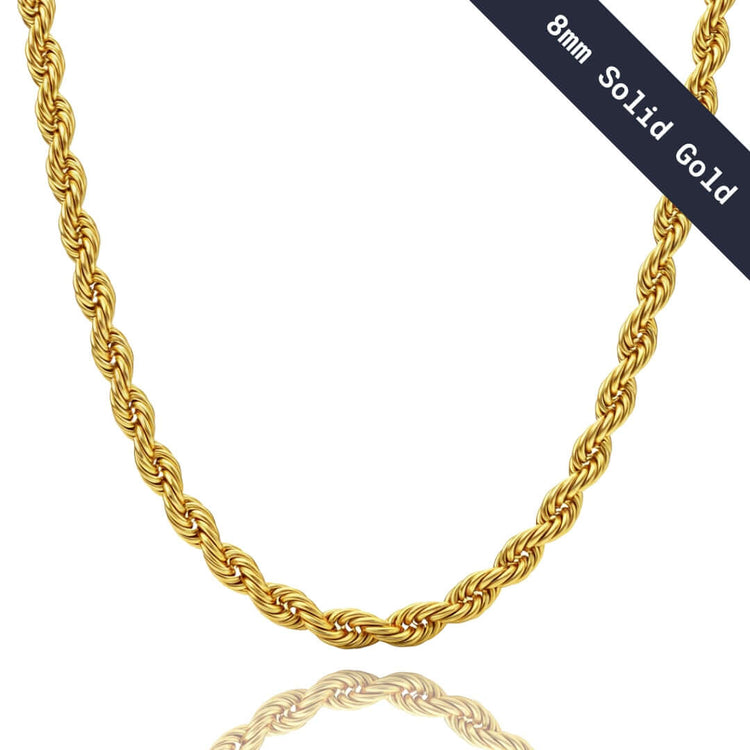 The Gold Rope Chain - 8mm is shown on a white background, with a black diagonal banner in the top right corner that says "8mm Solid Gold" in white text, highlighting this bold and stylish chain.