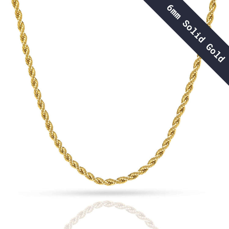 A close-up of the Gold Rope Chain - 6mm highlights its twisted gold links, with a sleek dark diagonal banner in the top right corner labeled "6mm Solid Gold.