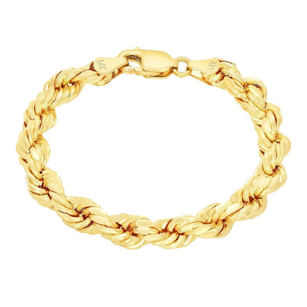 The Rope Bracelet - 3mm-5mm Solid Yellow Gold features diamond-cut, twisted links for a textured, braided look and a lobster claw clasp engraved with 14K markings.