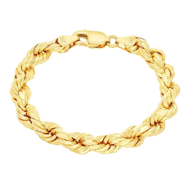 The Rope Bracelet - 3mm-5mm Solid Yellow Gold features diamond-cut, twisted links for a textured, braided look and a lobster claw clasp engraved with 14K markings.